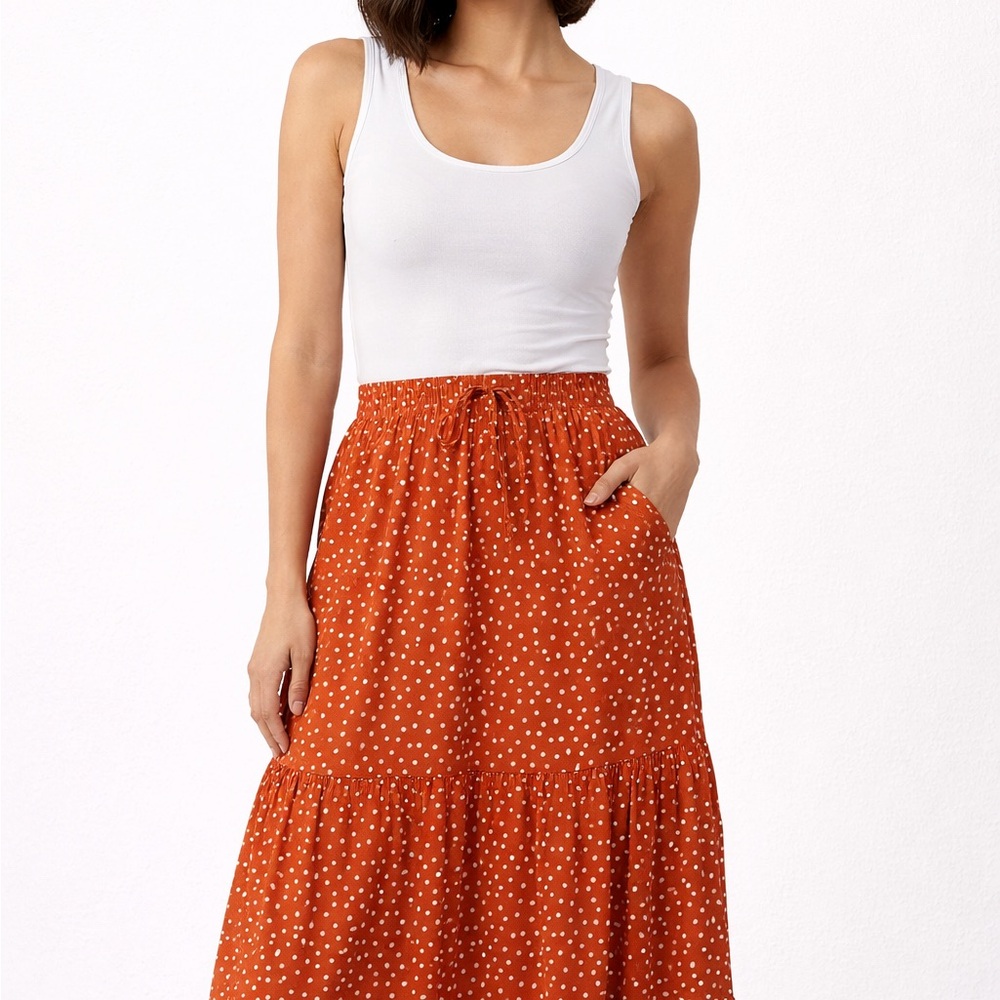 Terracotta Polka Dot Tiered Midi Skirt – Flowy Boho Chic